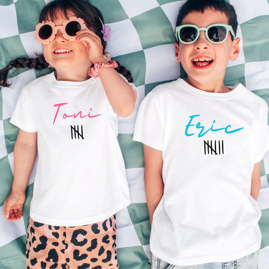 Strichliste Geburtstagsshirt Kinder – personalisiert mit Name & Zahl (Striche)