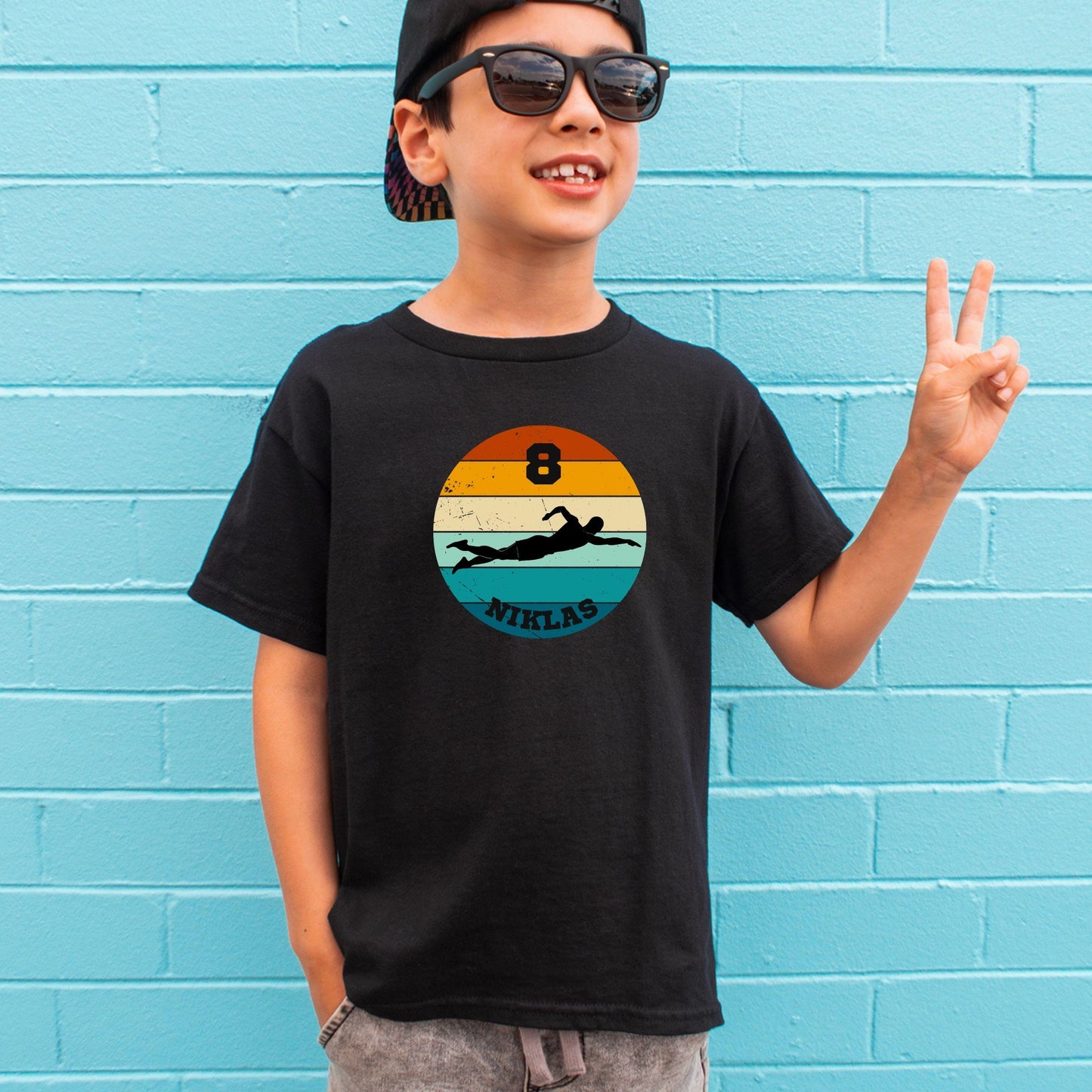 Schwimmen Shirt für Kinder - personalisiert mit Name & Zahl - auch für Erwachsene