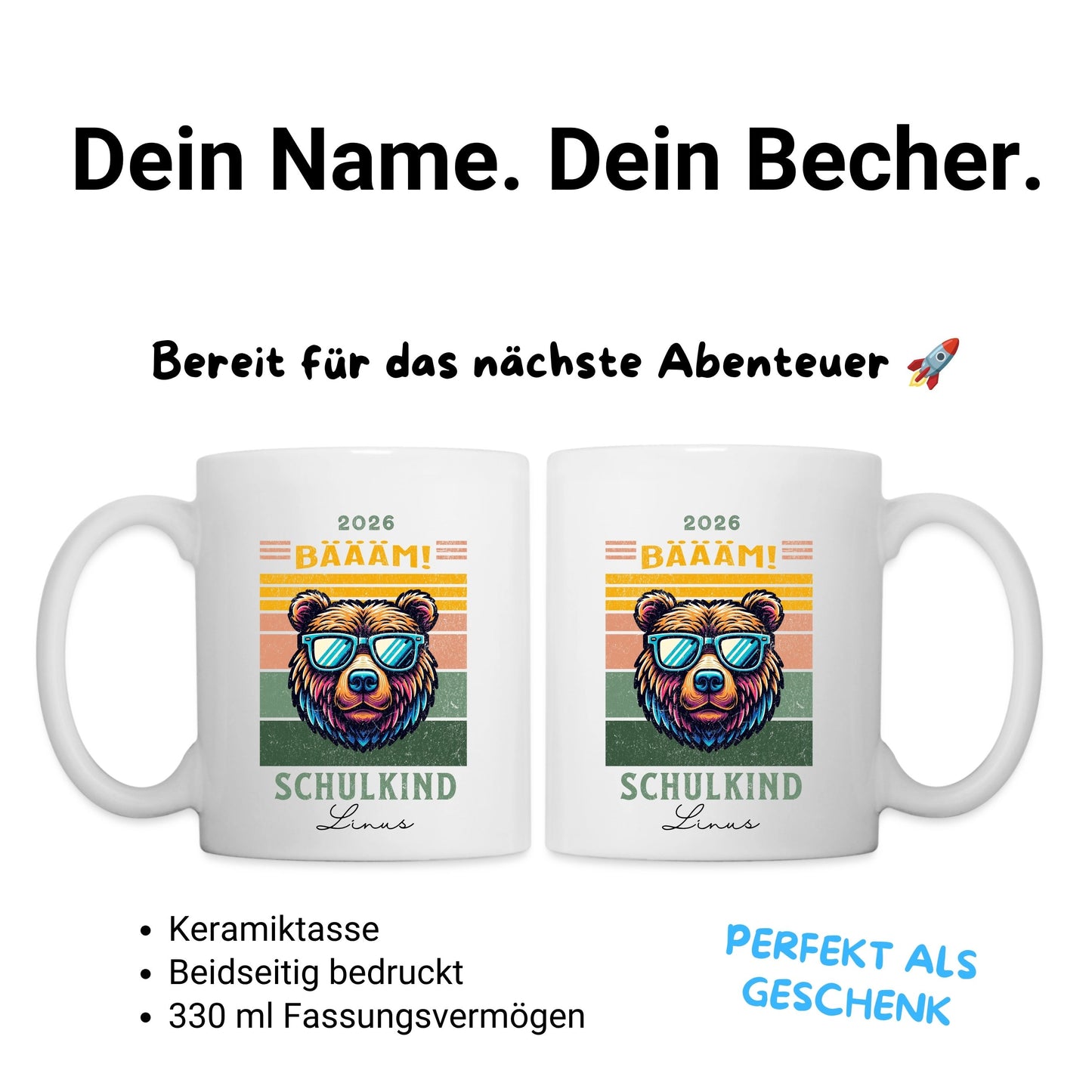 BÄÄÄM 1. Klasse Schulkind Bär Tasse 2026 - Personalisiert mit Name & Schuljahr