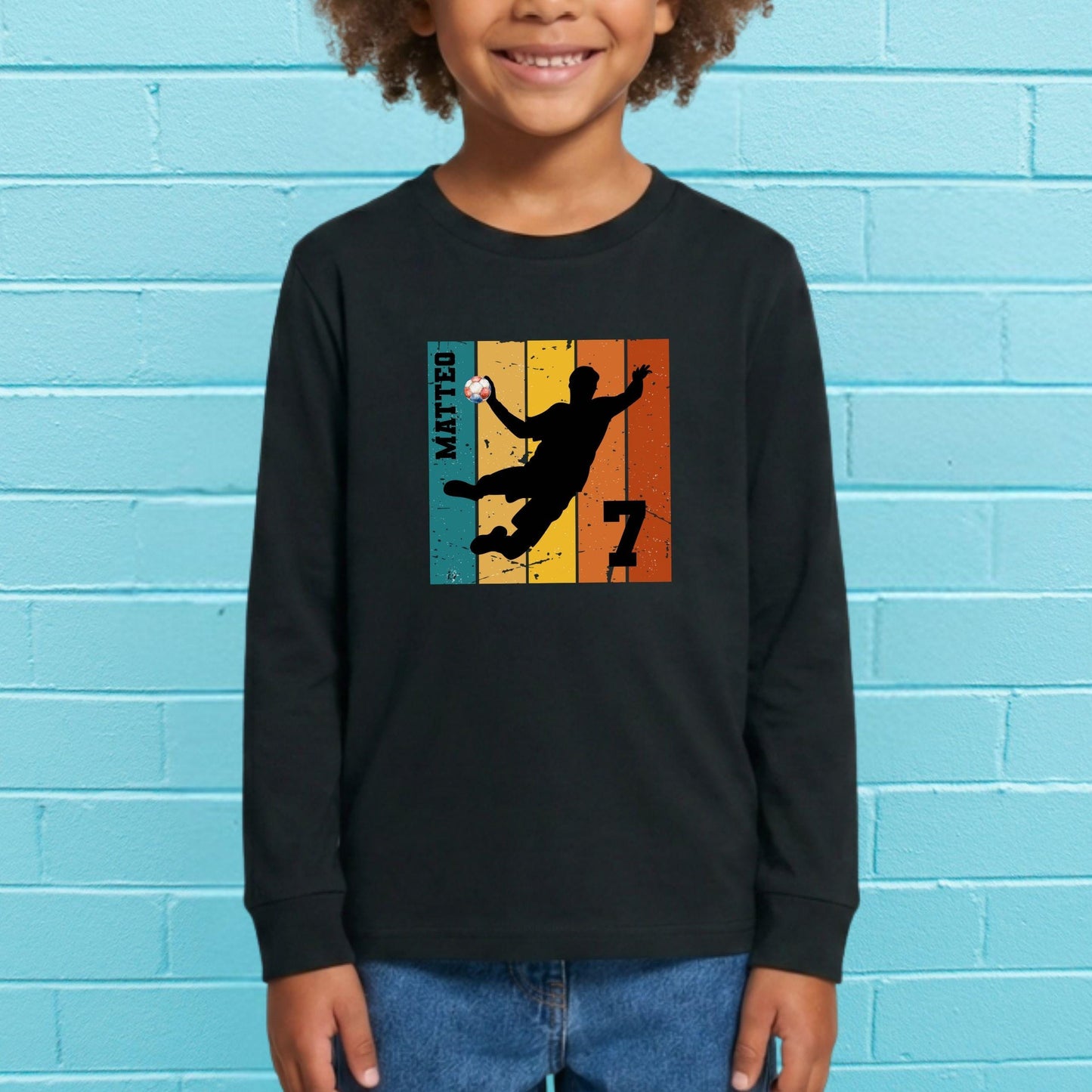 Handball Langarm Geburtstagsshirt Kinder – personalisiert mit Name & Zahl