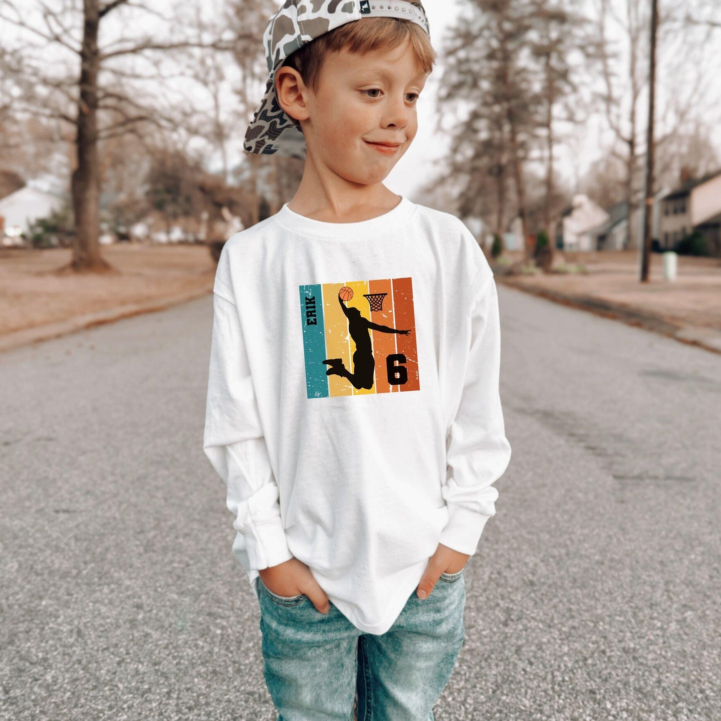 Basketball Langarm Shirt Kinder personalisiert – Name & Zahl