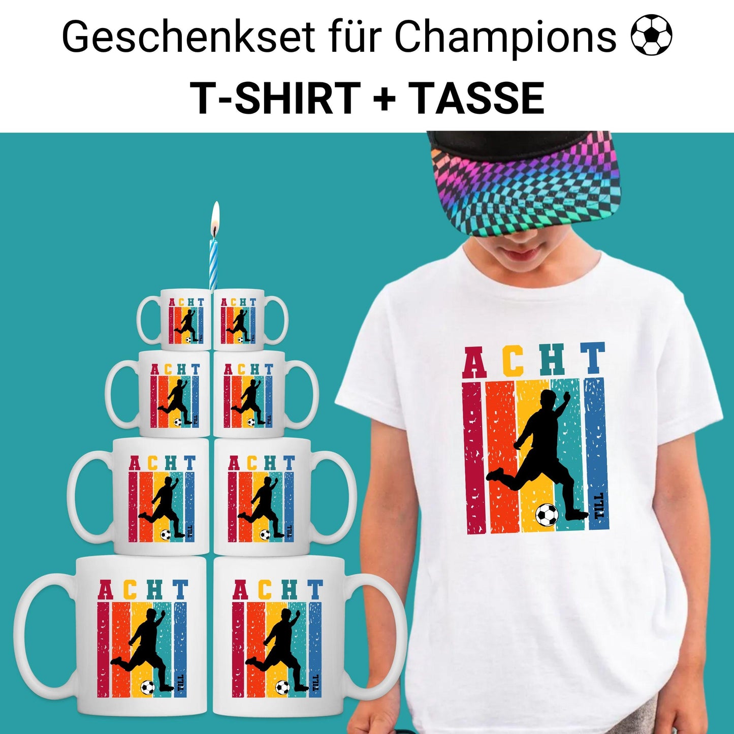Fußball Geschenk-Set zum Geburtstag - Shirt und Tasse - personalisiert mit Name & Zahl