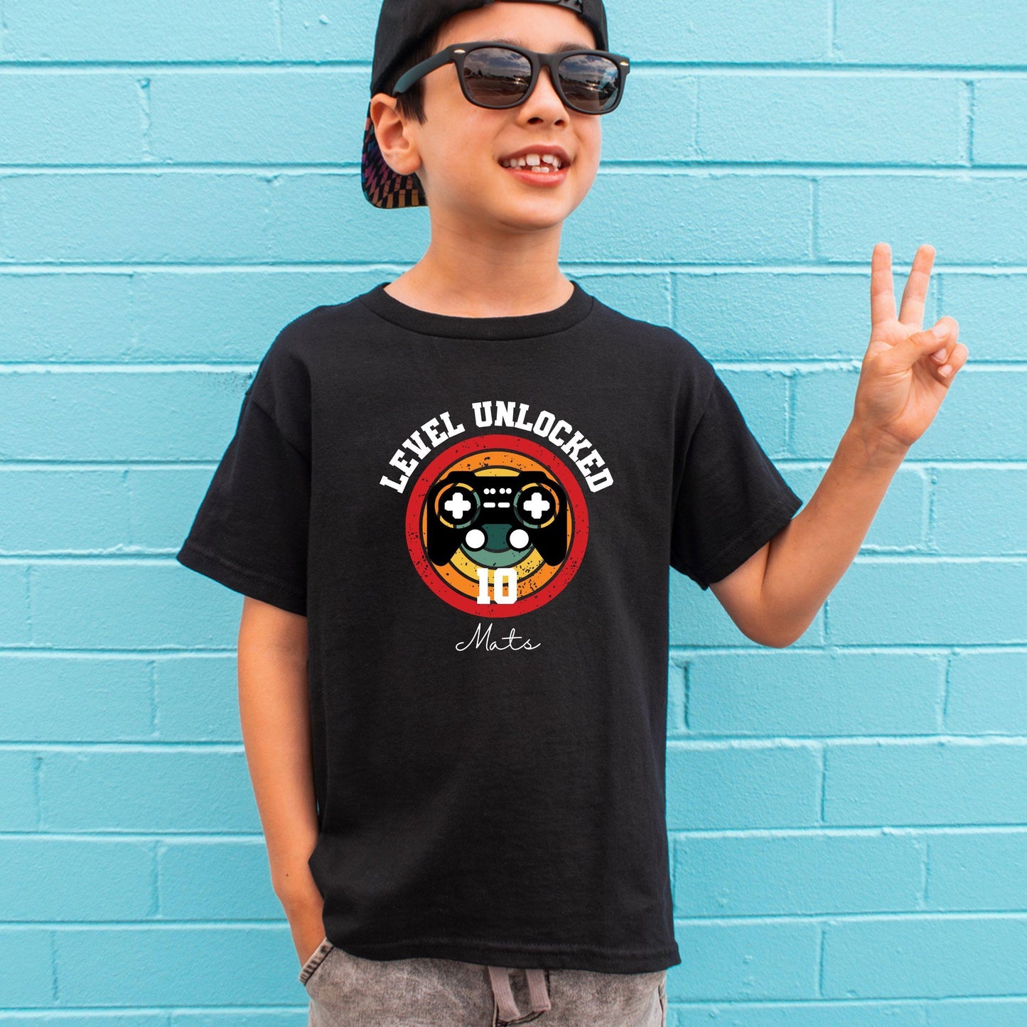 Gaming Geburtstag T-Shirt Level Unlocked für Kinder - personalisiert mit Name & Zahl
