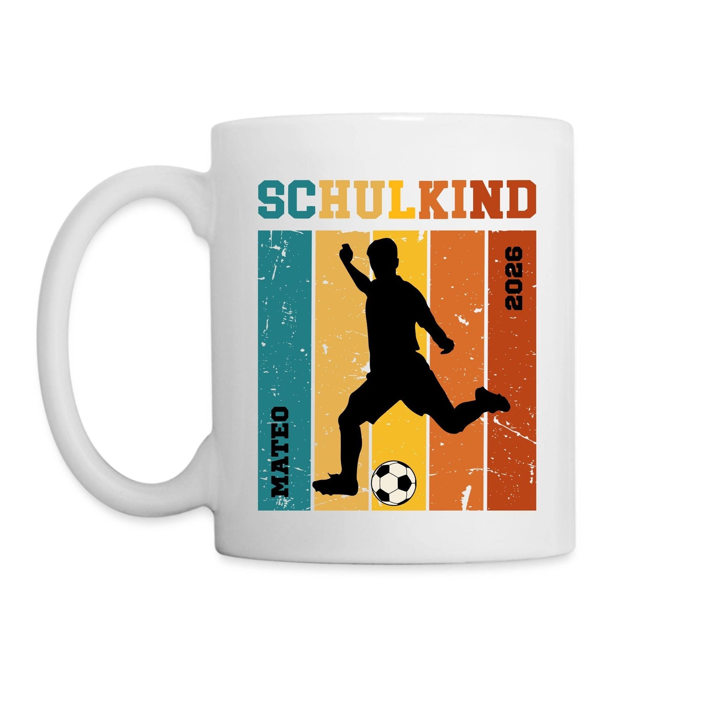 Retro Fußball Schulkind Tasse 2026  personalisiert - Einschulung Geschenk Jungs & Mädchen