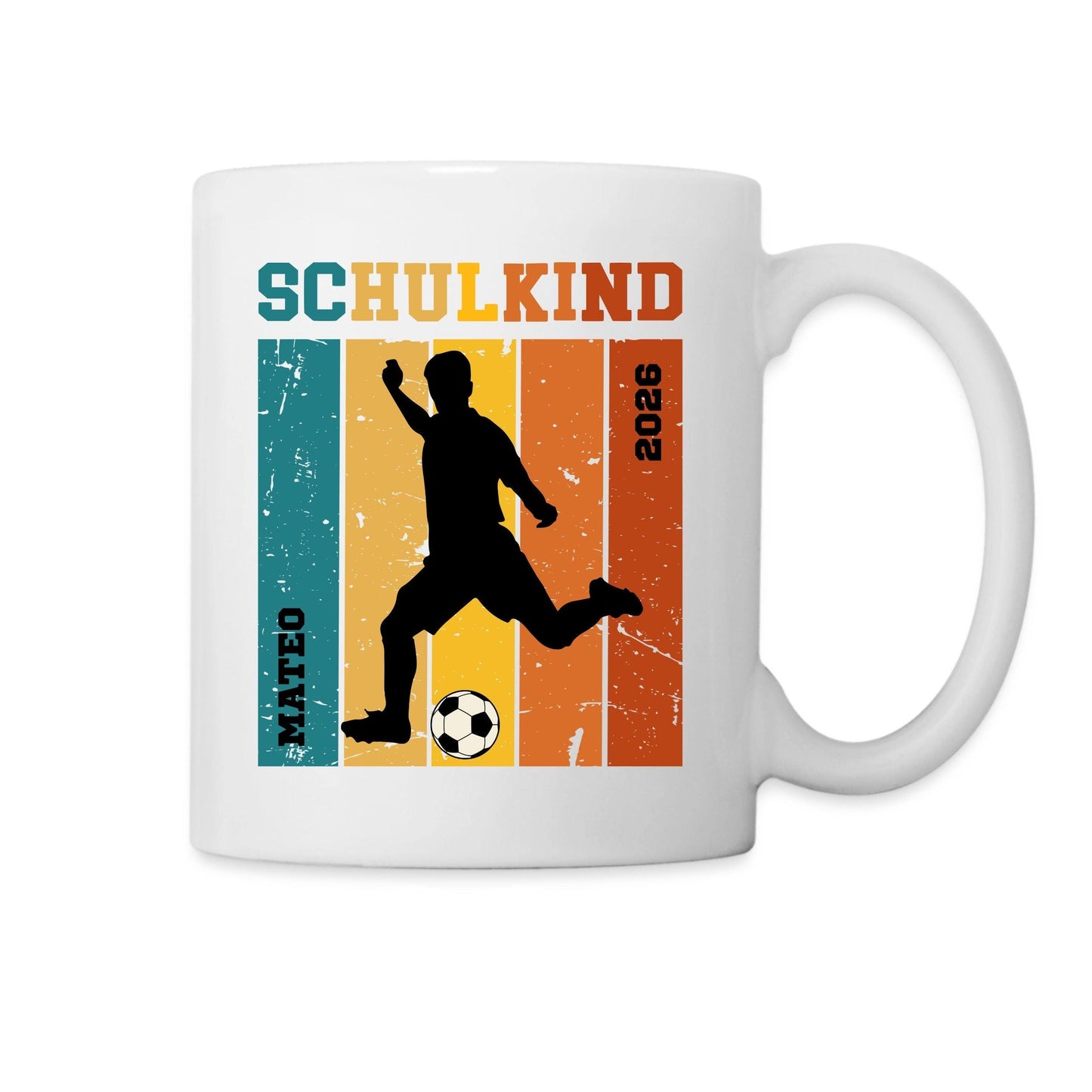 Retro Fußball Schulkind Tasse 2026  personalisiert - Einschulung Geschenk Jungs & Mädchen