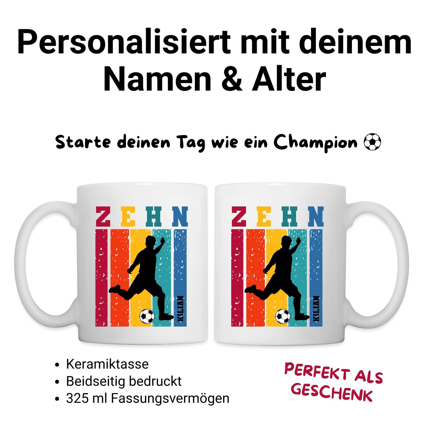 Fußball Geschenk-Set zum Geburtstag - Shirt und Tasse - personalisiert mit Name & Zahl