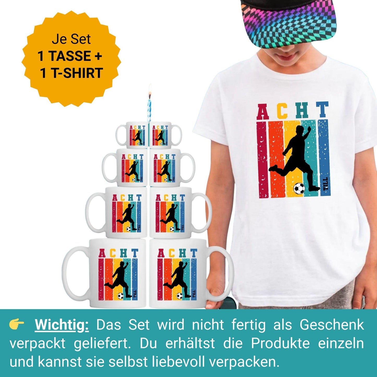 Fußball Geschenk-Set zum Geburtstag - Shirt und Tasse - personalisiert mit Name & Zahl
